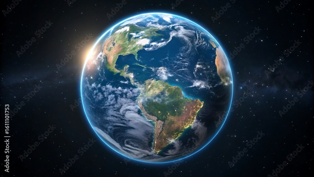 Naklejka premium Majestic earth seen from space with sun shining brightly