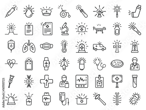 Medical Healthcare Line Icons Set Syringe, Stethoscope, Hospital Equipment, Organ, and Doctor Symbols with Bright Glowing Accents for Modern Design