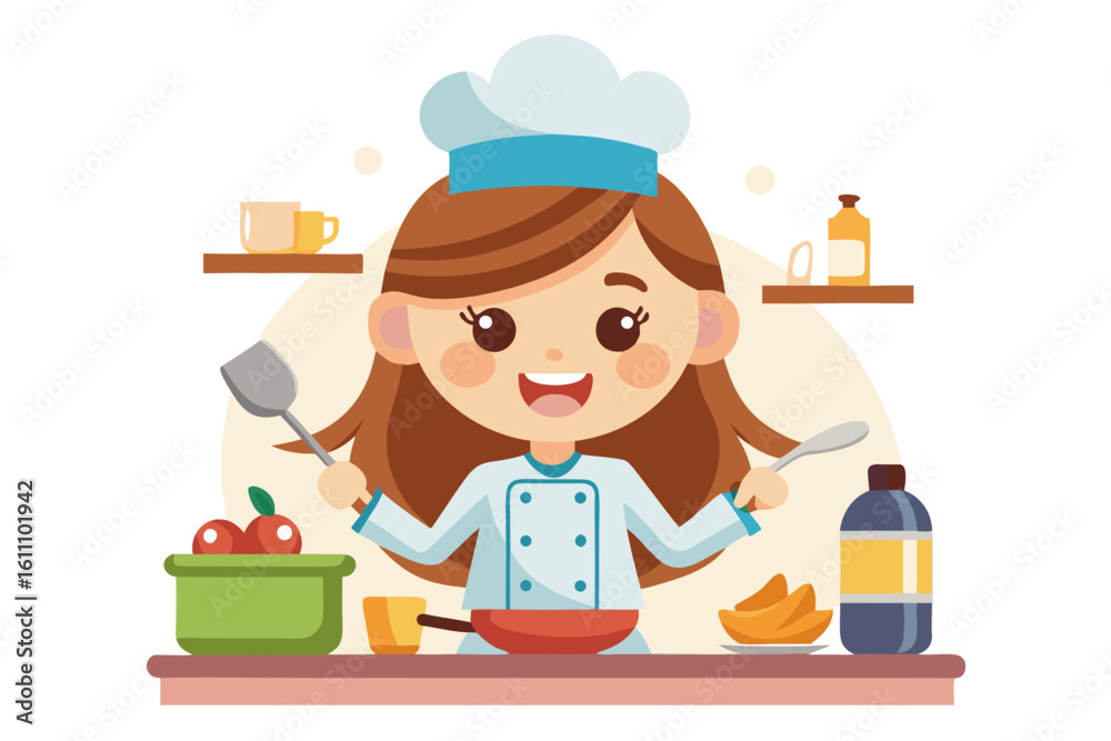 Adorable cartoon illustration of a young girl chef happily cooking with a frying pan and spatula. Adorable cartoon illustration of a young girl chef happily cooking with a frying pan and spatula.