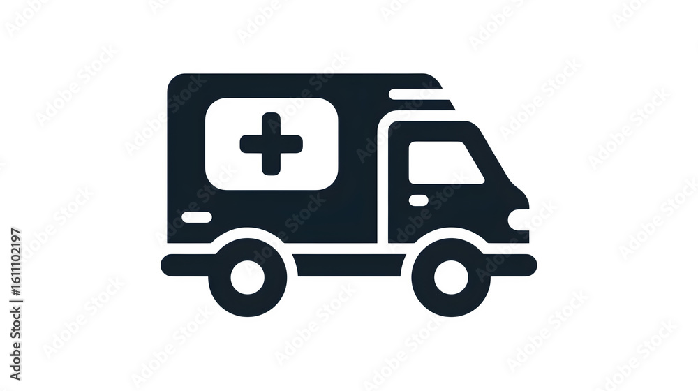 Black filled ambulance side-view icon, minimalist, centered on white background Black filled ambulance side-view icon, minimalist, centered on white background