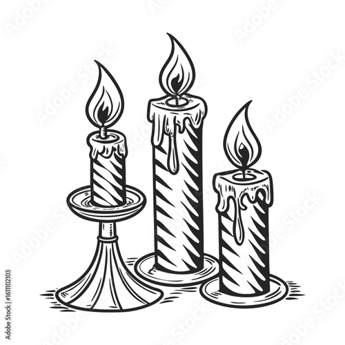 Stylized vector illustration of a burning tealight candle in black and white
