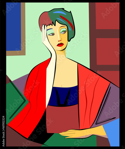 Colorful abstract background, cubism art style, portrait of sitting woman with red shawl