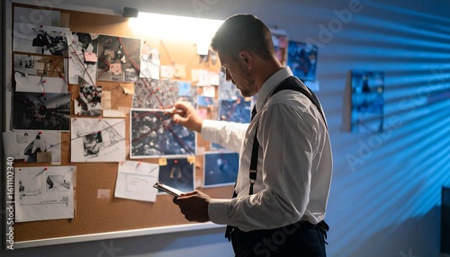 Man Investigating Evidence on Cork Board with Photos and Notes