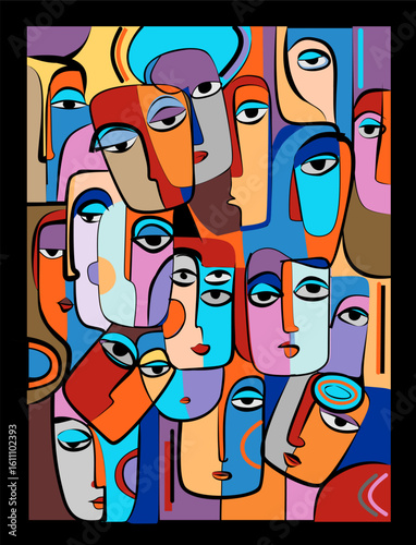 Colorful abstract background, cubism art style,  crowd of people