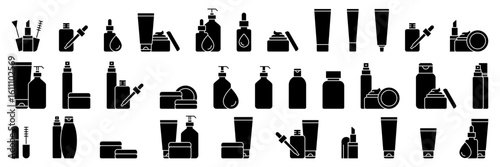 Cosmetic packaging icon set vector. Cosmetic bottle, jar, dropper, tube, compact cases, lipstick tubes, boxes icons. Suitable for skincare, makeup, deodorant, lotion, cream, shampoo, gel, soap, spray.