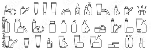 Cosmetic packaging icon set vector. Cosmetic bottle, jar, dropper, tube, compact cases, lipstick tubes, boxes icons. Suitable for skincare, makeup, deodorant, lotion, cream, shampoo, gel, soap, spray.
