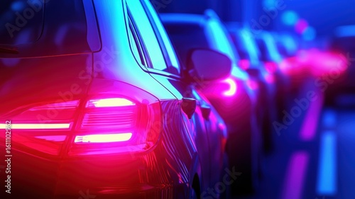 Modern Car Production Line with Neon Lights and Automotive Technology