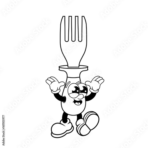 Retro character design of cheerful fork outline
