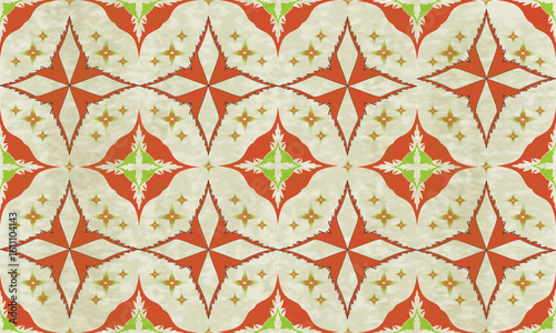 Geometric seamless pattern red green cream stars diamonds traditional ornamental design wallpaper textile fabric print decorative motifs.