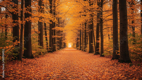 Beautiful autumn in the park with yellow-orange fall foliage  blanked the ground