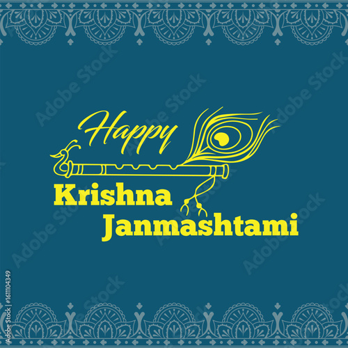 Happy Krishna Janmashtami, Greeting background for Hindu festival Krishna Janmashtami (birth of Lord Krishna). Vector illustration.