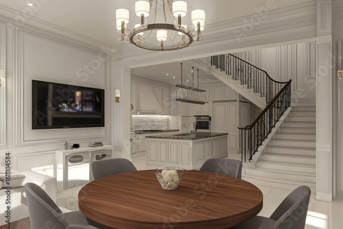 Modern living room interior with round wooden table, gray armchairs and central chandelier