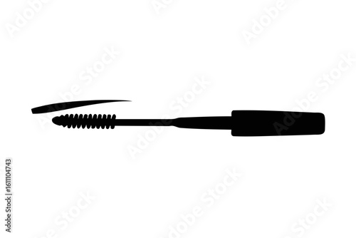 Close up of a black mascara wand with long bristles