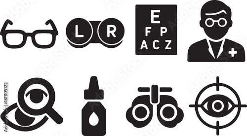 Vision Care Silhouette Icons Set – Eyeglasses, Optometry, Examination
