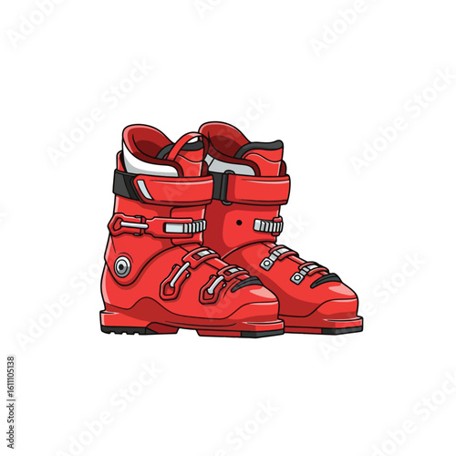 Vibrant Red Ski Boots: Winter Sport Equipment Illustration