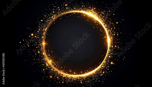 Circular gold glitter frame on black background