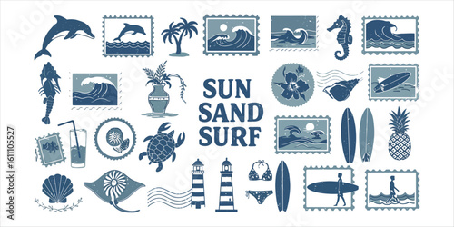 Blue and grey beach vacation icons and text sun sand surf summer ocean