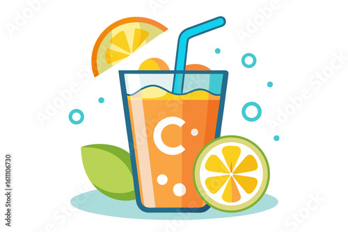 Download this vibrant and refreshing orange juice vector illustration featuring a tall glass filled with bright orange juice and garnished with a lemon slice.