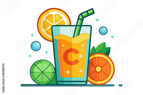 Download this vibrant and refreshing orange juice vector illustration featuring a tall glass filled with bright orange juice and garnished with a lemon slice.