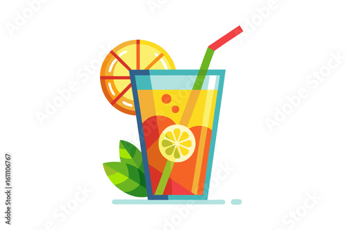 Download this vibrant and refreshing orange juice vector illustration featuring a tall glass filled with bright orange juice and garnished with a lemon slice.
