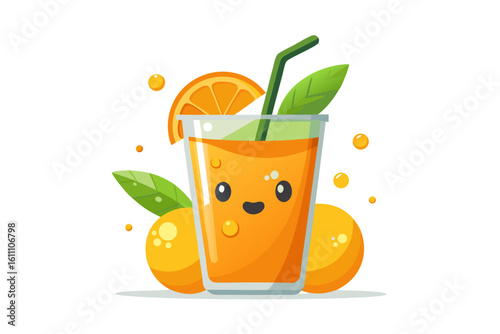 Download this vibrant and refreshing orange juice vector illustration featuring a tall glass filled with bright orange juice and garnished with a lemon slice.