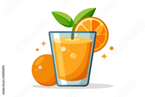 Download this vibrant and refreshing orange juice vector illustration featuring a tall glass filled with bright orange juice and garnished with a lemon slice.