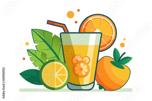 Download this vibrant and refreshing orange juice vector illustration featuring a tall glass filled with bright orange juice and garnished with a lemon slice.