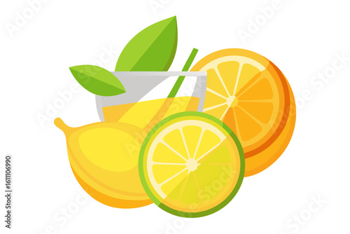 Download this vibrant and refreshing orange juice vector illustration featuring a tall glass filled with bright orange juice and garnished with a lemon slice.