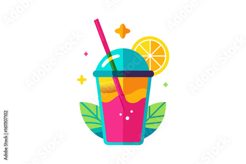 Download this vibrant and refreshing orange juice vector illustration featuring a tall glass filled with bright orange juice and garnished with a lemon slice.
