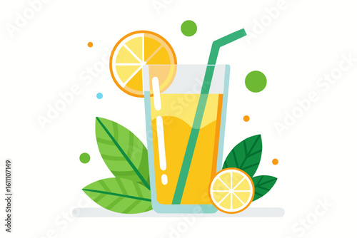 Download this vibrant and refreshing orange juice vector illustration featuring a tall glass filled with bright orange juice and garnished with a lemon slice.