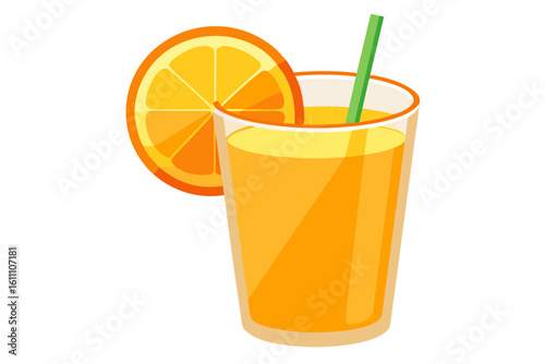 Download this vibrant and refreshing orange juice vector illustration featuring a tall glass filled with bright orange juice and garnished with a lemon slice.