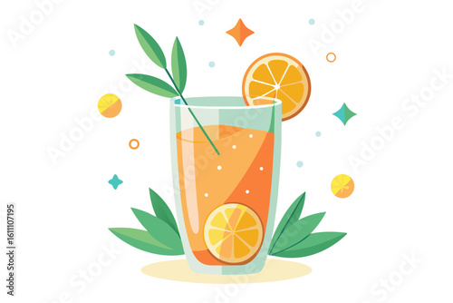 Download this vibrant and refreshing orange juice vector illustration featuring a tall glass filled with bright orange juice and garnished with a lemon slice.