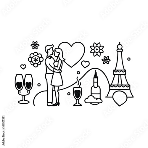 Silhouette of a couple in Paris with various lamps and lamp shades, creating a romantic evening atmosphere