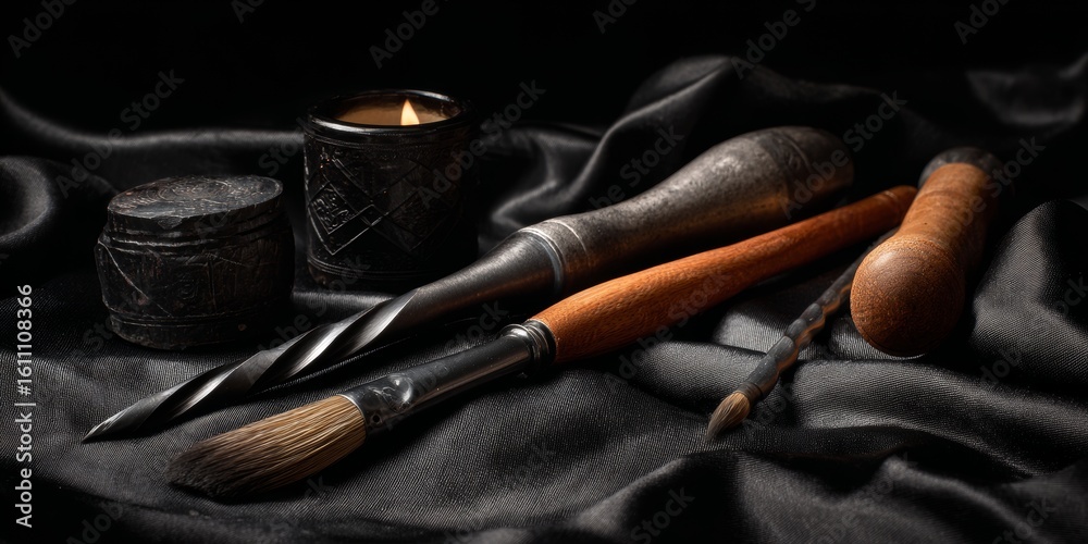 Naklejka premium Artistic tools including paintbrush awl carving blade and candle arranged on dark silk fabric evoking texture and craftsmanship