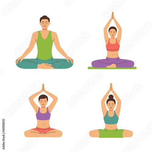 Four people practicing yoga poses on white background