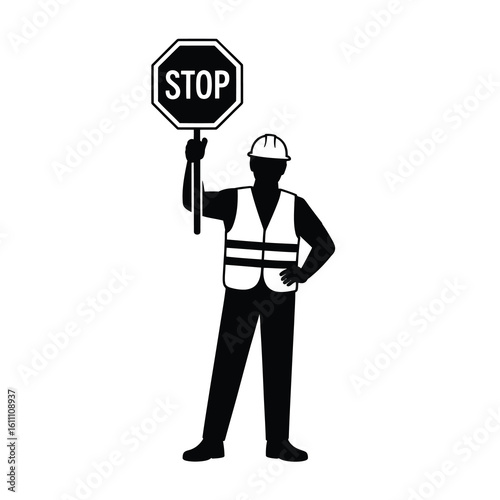 Construction worker holding stop sign silhouette isolated on white background
