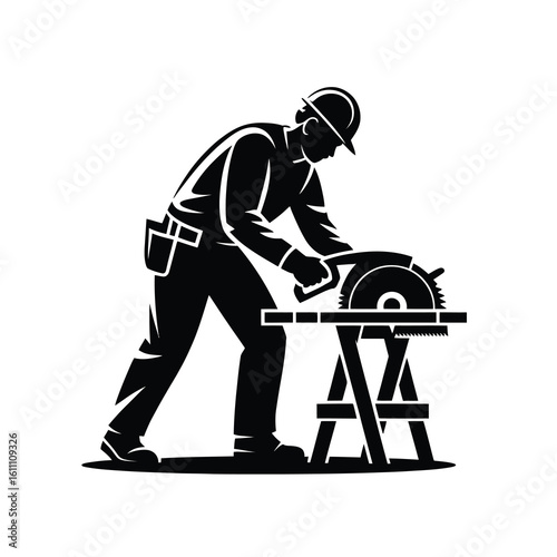 Carpenter silhouette cutting wood with circular saw isolated on white background