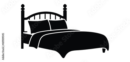 Black silhouette of a classic four poster bed with pillows and duvet