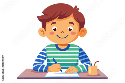 Colorful and cheerful illustration of a cartoon boy sitting at a wooden desk, writing in a notebook with a blue pen. 