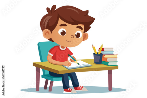 Colorful and cheerful illustration of a cartoon boy sitting at a wooden desk, writing in a notebook with a blue pen. 