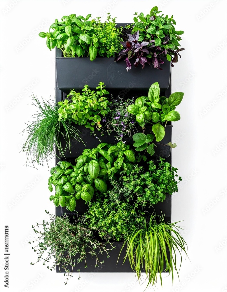 Naklejka premium A vertical garden featuring a variety of fresh herbs and plants, ideal for home cooking and indoor decor.