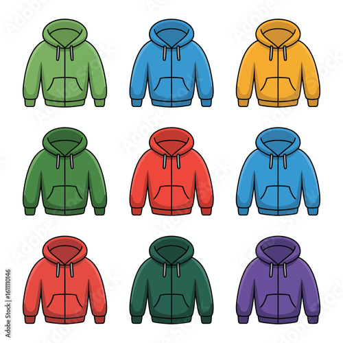 Collection of colorful hoodies with drawstrings and pockets