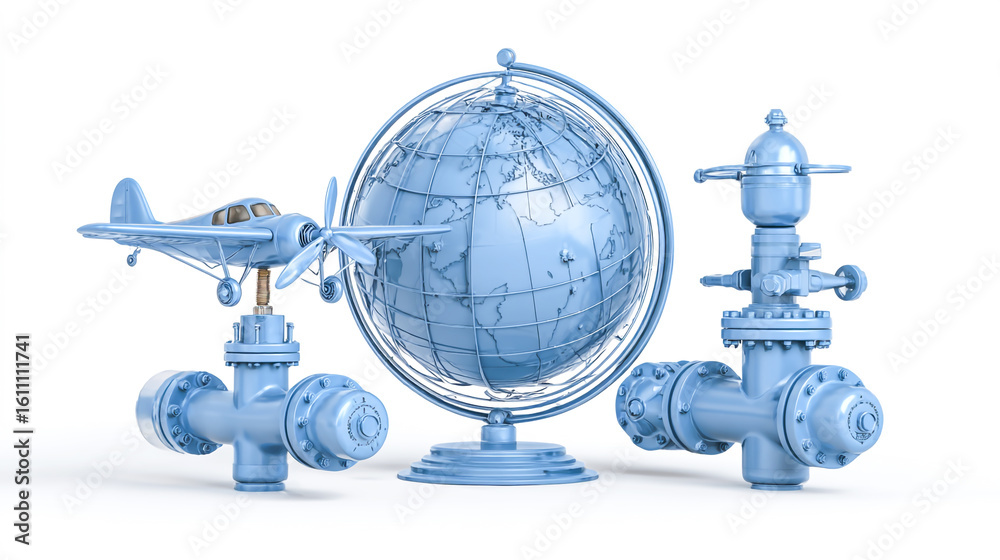 Blue industrial-style metal globe, airplane, and heating valve isolated on a white background. Blue industrial-style metal globe, airplane, and heating valve isolated on a white background.