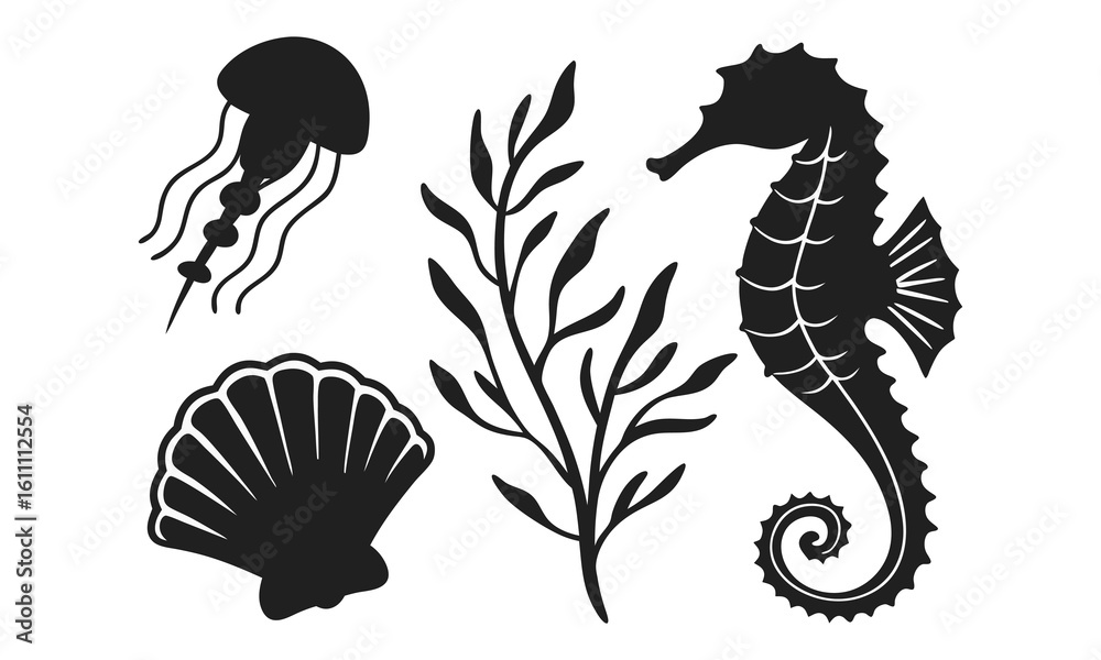 Fototapeta premium Underwater Sea Life Silhouette Vector Set – Jellyfish, Seahorse, Coral & Seashell