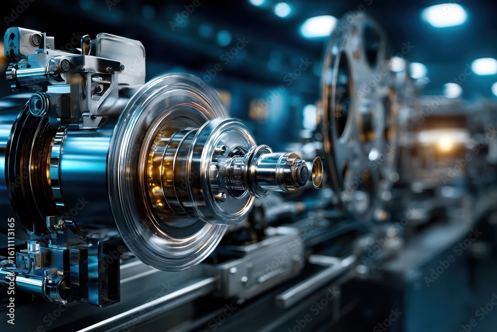Naklejka premium Precision machinery parts showcased in a modern manufacturing facility during daylight hours