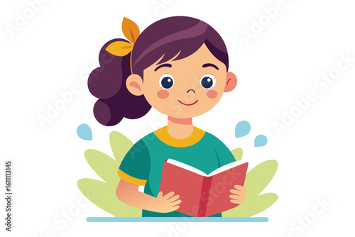 Adorable vector illustration of a cute cartoon girl with long brown hair, smiling while reading a teal book. 
