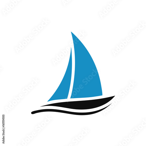 blue Sailing boat logo icon abstract vector template. Sailboat on the waves. Vector illustration