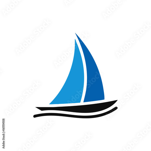 blue Sailing boat logo icon abstract vector template. Sailboat on the waves. Vector illustration