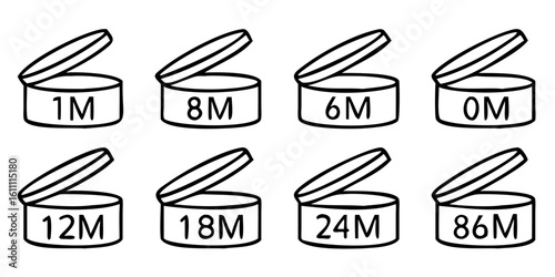 Expiration icons set, after product opening symbols 1M,3M, 6M, 9M, 12M, 24M, 36M. sign for label of product.