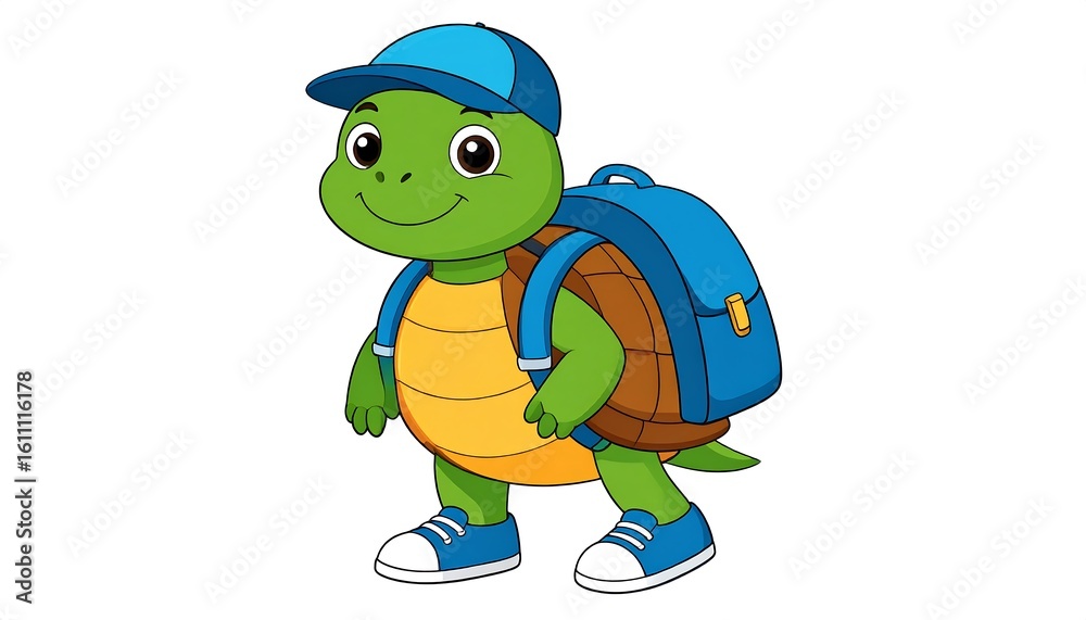 Fototapeta premium Cute Cartoon Turtle Student with Backpack and Cap Ready for School Illustration